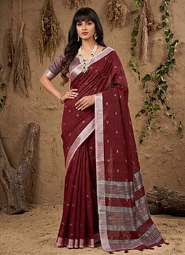 Graceful Maroon Linen Cotton Zari Woven Saree