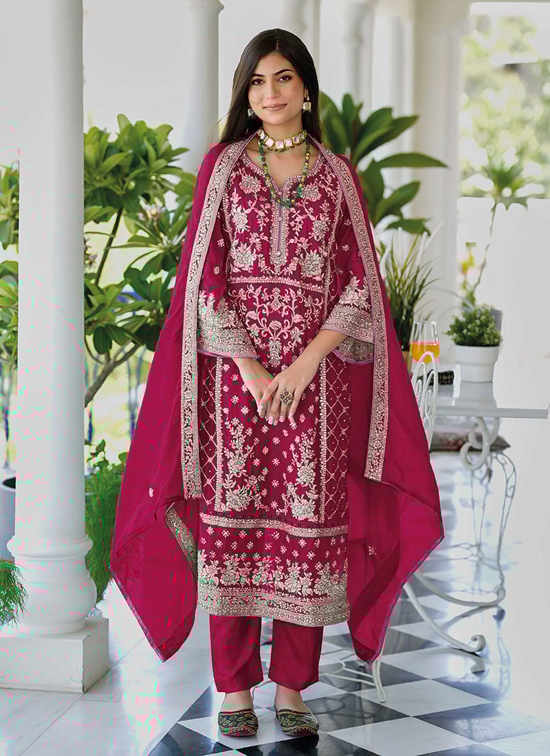 Graceful Maroon Organza Embroidered Sequins Pakistani Straight Pant Suit With Stone Work