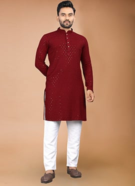 Graceful Maroon Rayon Sequins Embroidered Kurta Pyjama
