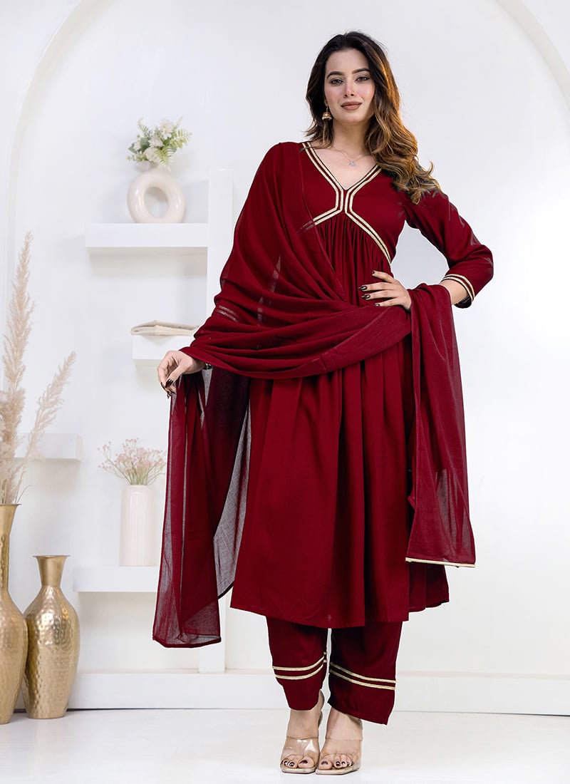 Graceful Maroon Rayon Zari Lace Work Anarkali Suit After Six Wear