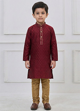 Graceful Maroon Silk Zari Thread Kids Boys Kurta Pyjama