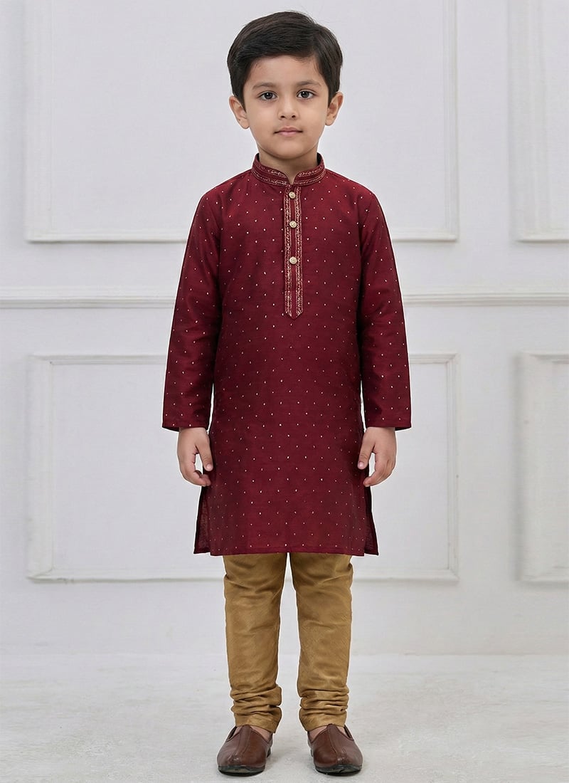 Graceful Maroon Silk Zari Thread Kids Boys Kurta Pyjama Festive Wear