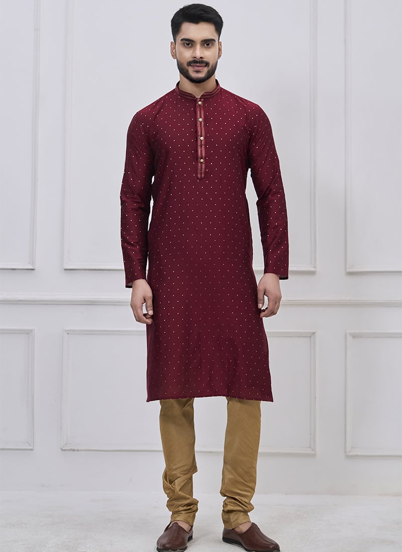 Graceful Maroon Silk Zari Thread Kurta Pyjama Festive Wear