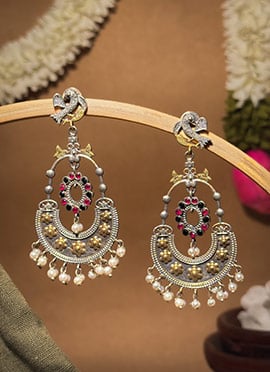 Graceful Maroon Stones Beads Oxidised Chaand Bali
