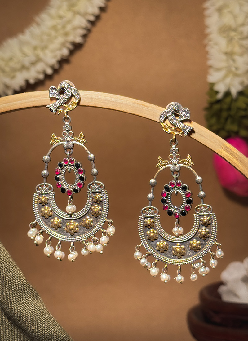 Graceful Maroon Stones Beads Oxidised Chaand Bali Festive Wear