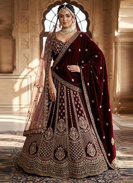 Graceful Maroon Velvet Zari Embroidered Sequins Thread Umbrella Lehenga