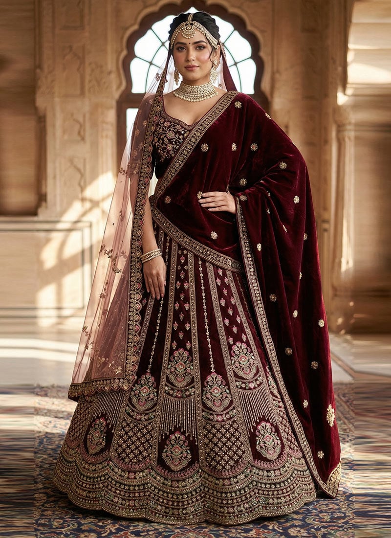 Graceful Maroon Velvet Zari Embroidered Sequins Thread Umbrella Lehenga Wedding Wear
