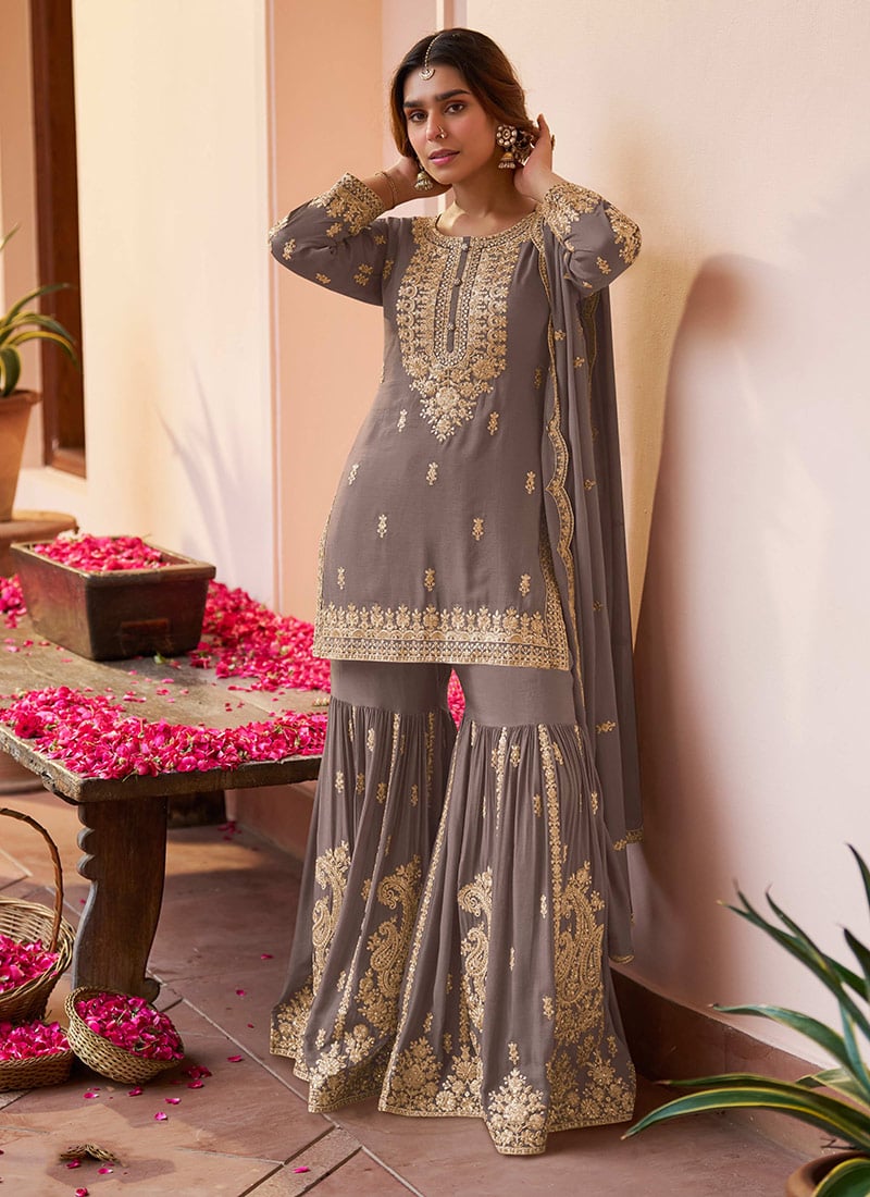 Graceful Mauve Chinon Designer Hand Embroidered Sharara Suit After Six Wear