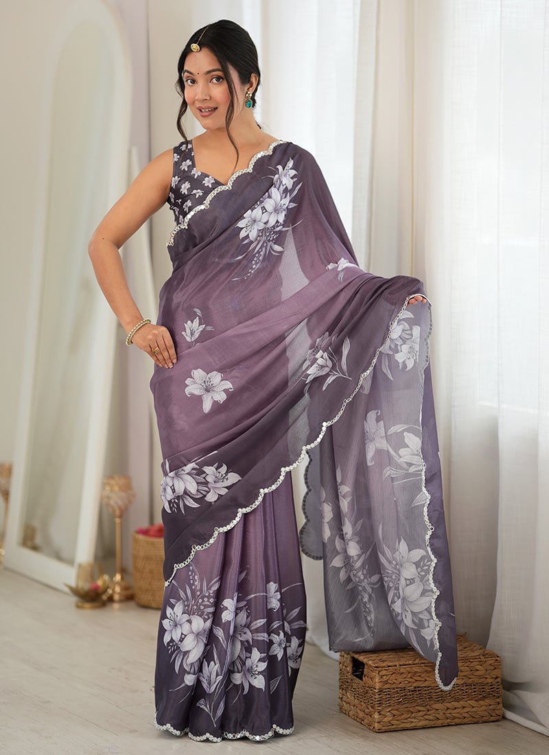 Graceful Mauve Chinon Mirror Work Printed Saree After Six Wear