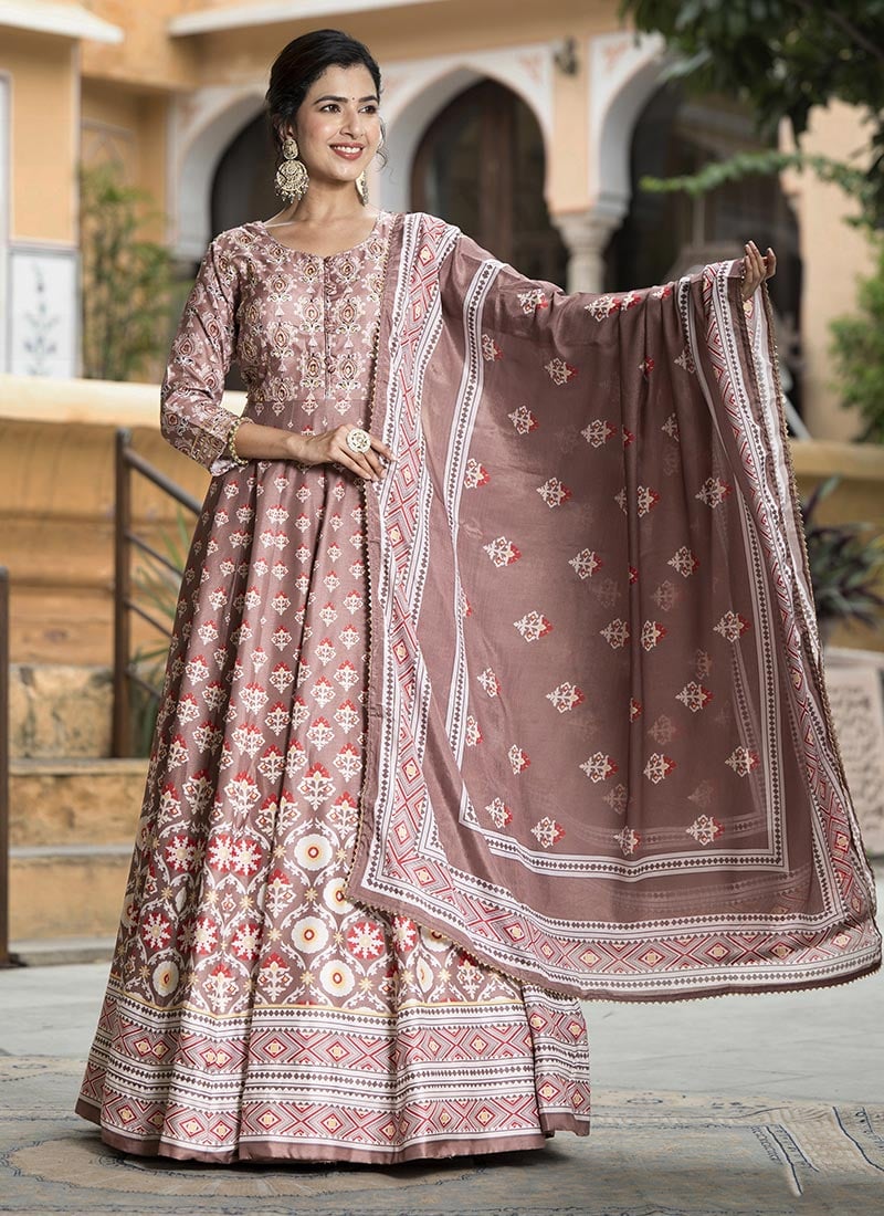 Graceful Mauve Dola Silk Digital Print Hand Embroidered Yoke Anarkali Suit Festive Wear