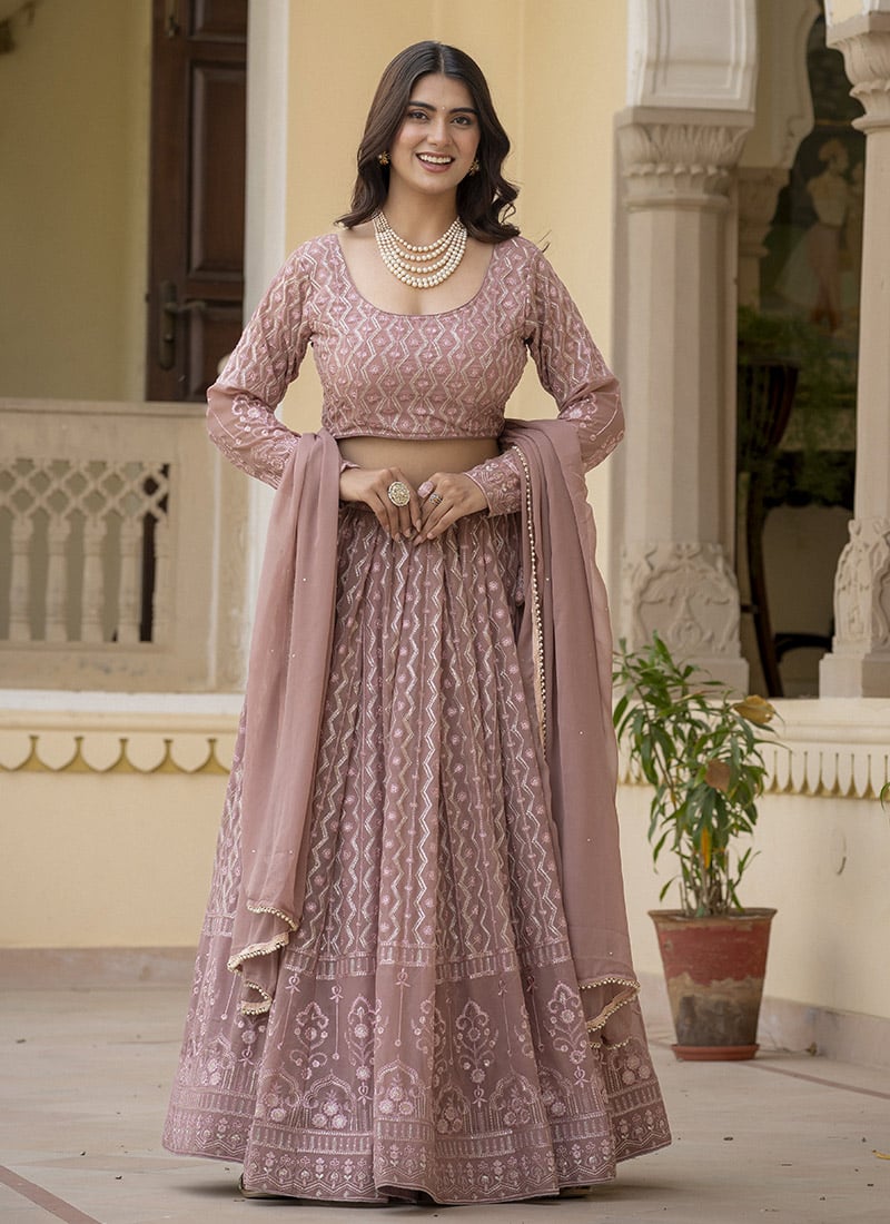 Graceful Mauve Faux Georgette Embroidered Sequins A Line Lehenga After Six Wear