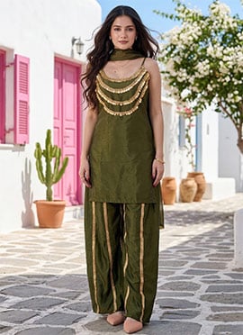 Graceful Mehendi Green Chinon Sequins Palazzo Suit
