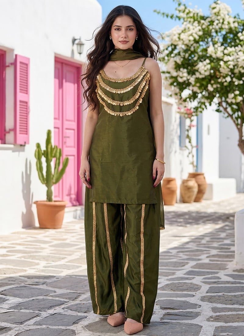 Graceful Mehendi Green Chinon Sequins Palazzo Suit Festive Wear