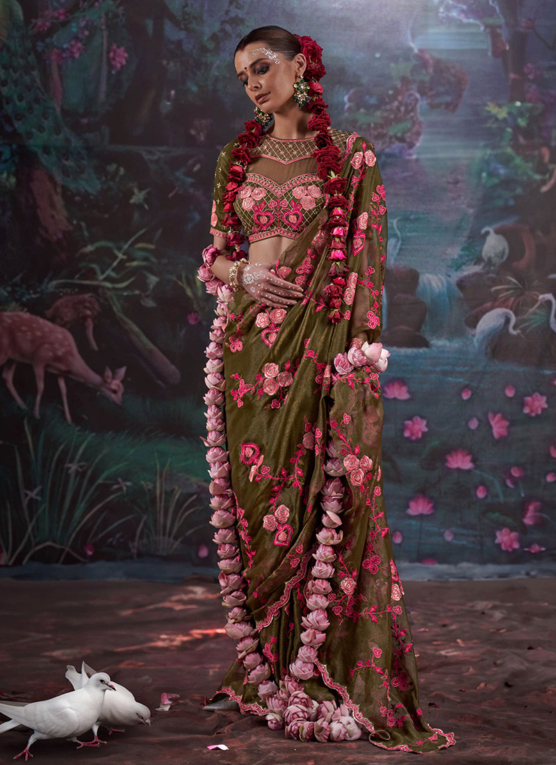 Graceful Mehendi Green Gold Shimmer Silk Zari Embroidered Thread Saree Festive Wear
