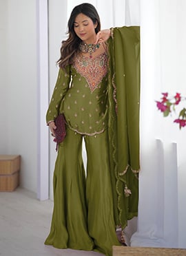 Graceful Mehendi Green Shimmer Silk Embroidered Sequins Beads Thread Palazzo Suit