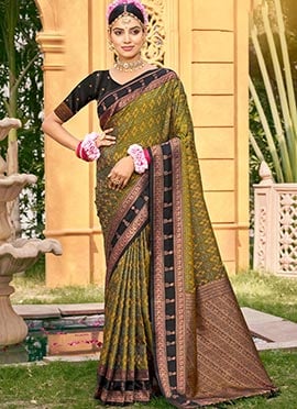 Graceful Mehendi Green Soft Silk Jacquard Woven Ikkat Print Saree