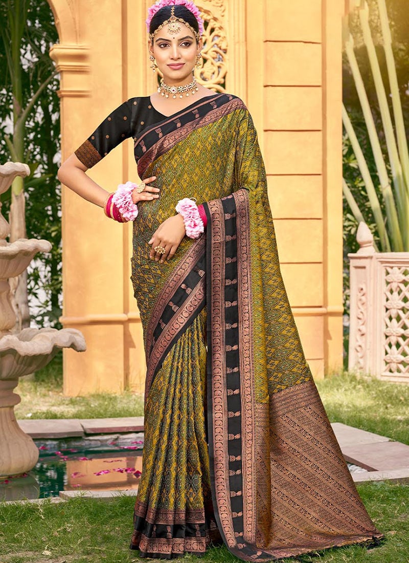 Graceful Mehendi Green Soft Silk Jacquard Woven Ikkat Print Saree Festive Wear
