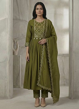 Graceful Mehendi Green Viscose Roman Silk Embroidered Mirror Work Anarkali Suit