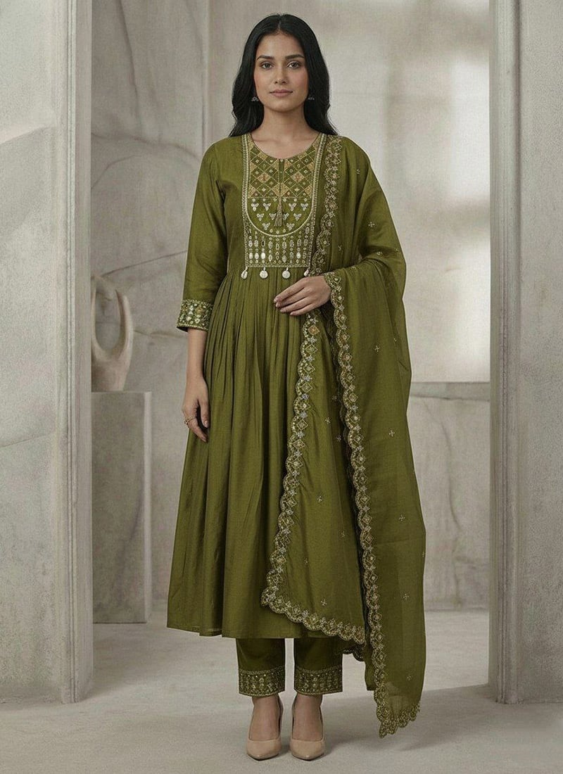 Graceful Mehendi Green Viscose Roman Silk Embroidered Mirror Work Anarkali Suit Festive Wear