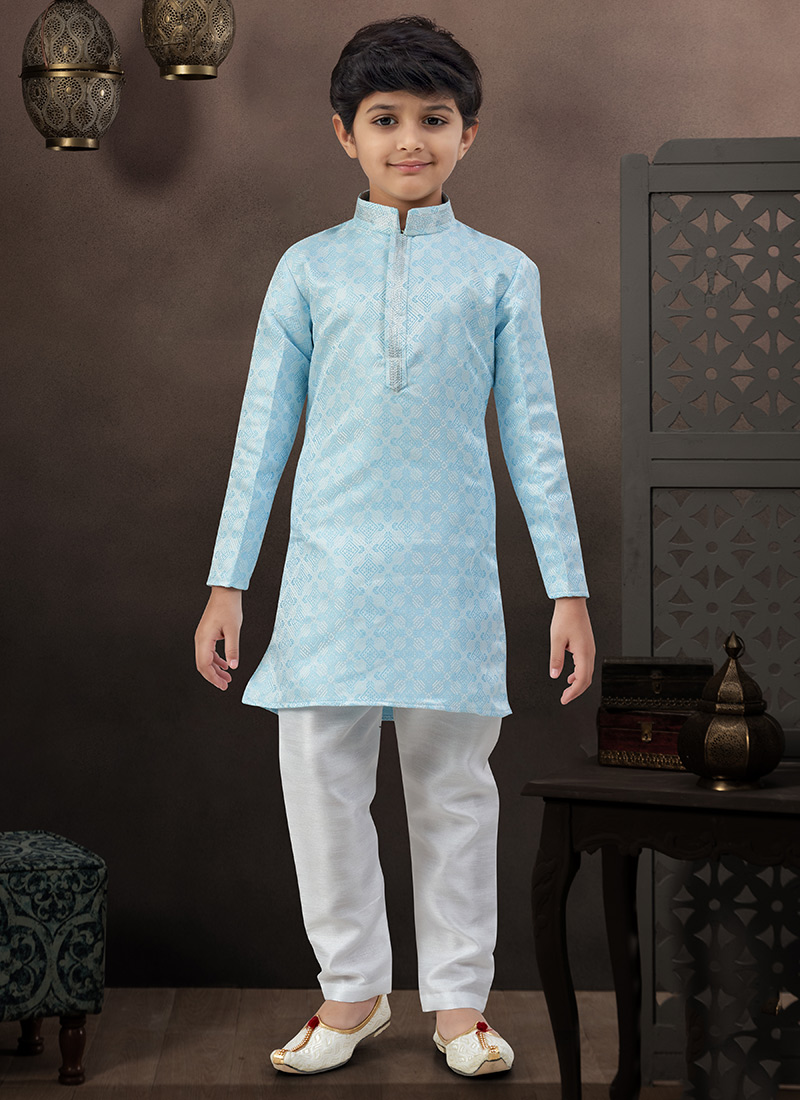Graceful Mint Blue Banarasi Soft Jacquard Printed Kids Boys Kurta Pyjama Festive Wear