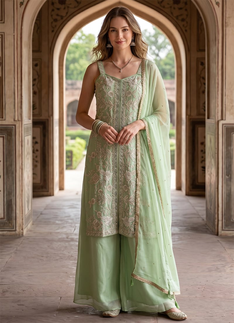 Graceful Mint Green Chinnon Silk Beads Embroidered Sequins Palazzo Suit After Six Wear
