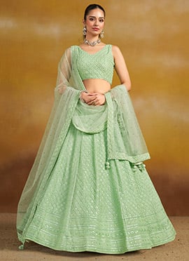Graceful Mint Green Georgette Sequins Embroidered Thread Umbrella Lehenga