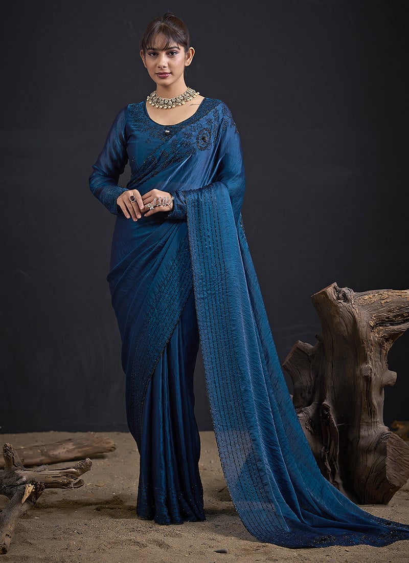 Graceful Morpeach Fandy Satin Silk Two Tone Sequins Tikki Work Saree After Six Wear