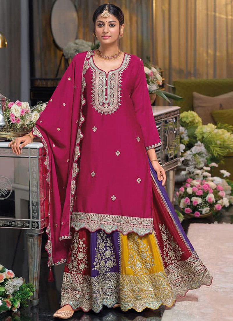 Graceful Multicolored Chinon Zari Sequins Embroidered Stones A Line Lehenga Wedding Wear