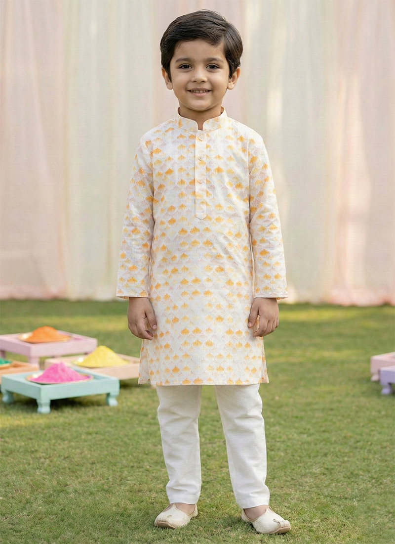 Graceful Multicolored Cotton Digital Print Kids Boys Kurta Pyjama Festive Wear