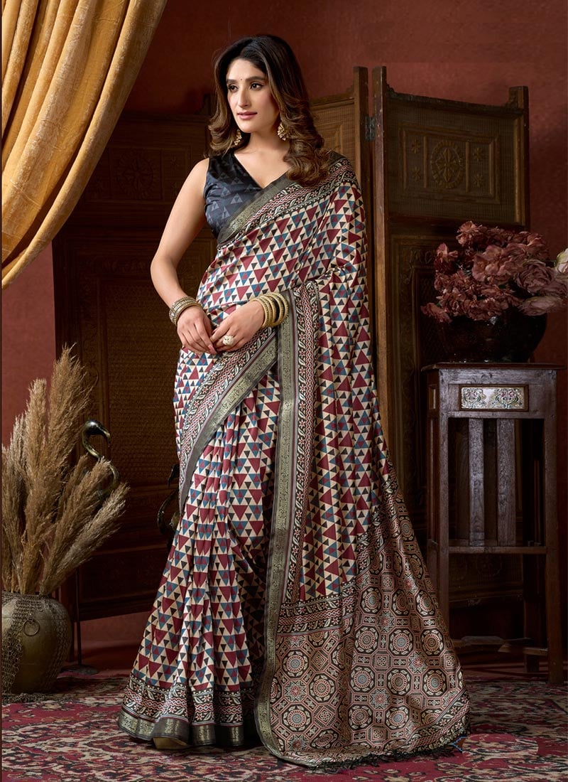 Graceful Multicolored Crepe Silk Jacquard Digital Print Saree After Six Wear