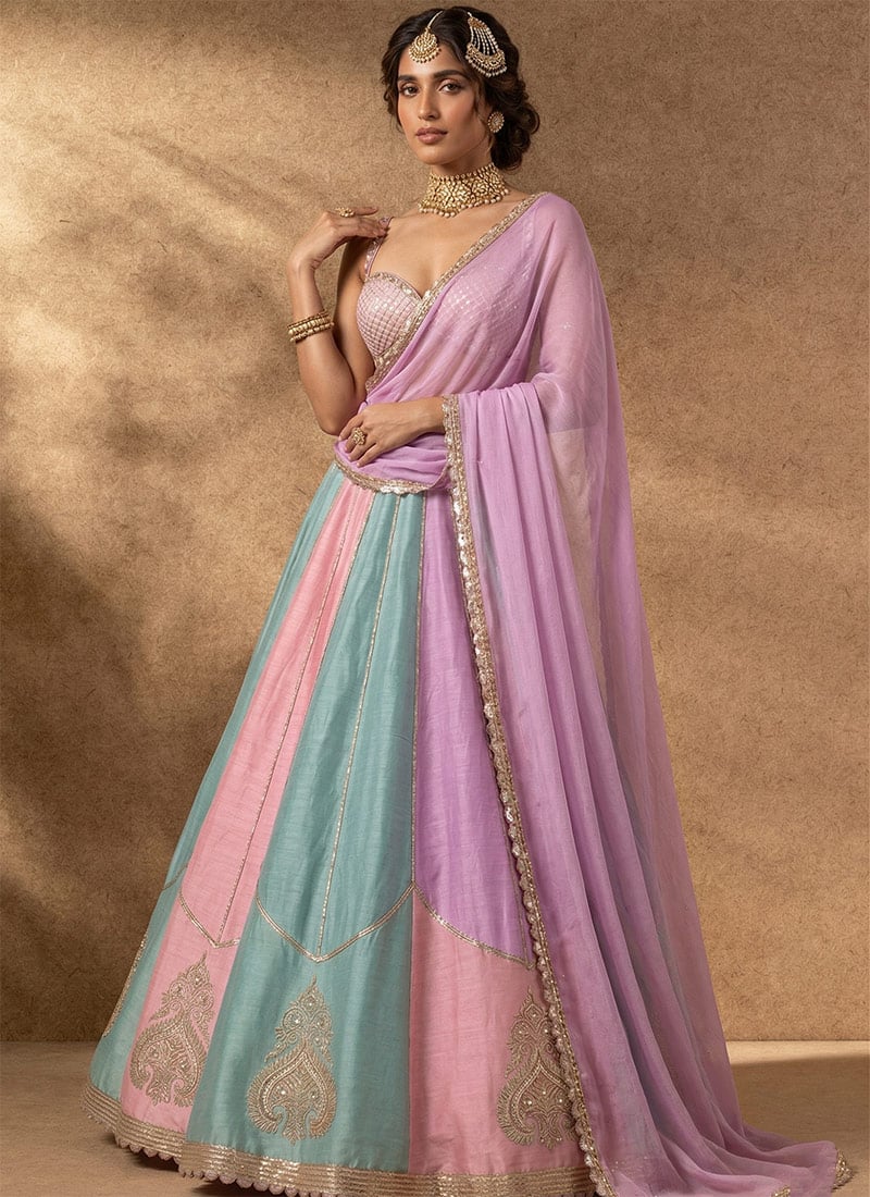 Graceful Multicolored Silk Zari Sequins Umbrella Lehenga Wedding Wear