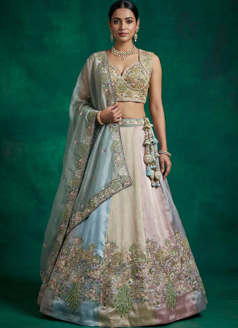 Graceful Multicolour Organza Embroidered Umbrella Lehenga Wedding Wear