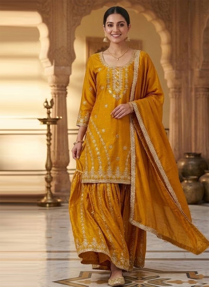 Graceful Mustard Chinon Silk Heavy Embroidery Work Sharara Suit After Six Wear