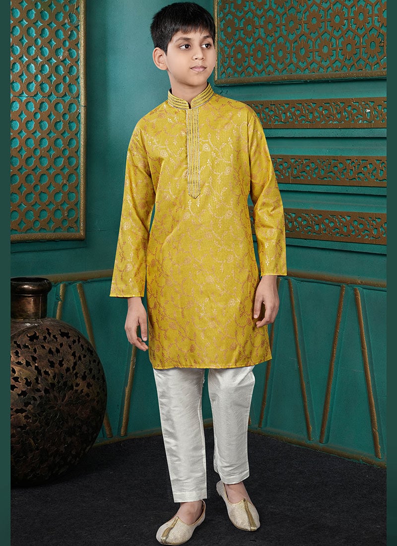 Graceful Mustard Cotton Foil Print Kids Boys Kurta Pyjama Festive Wear