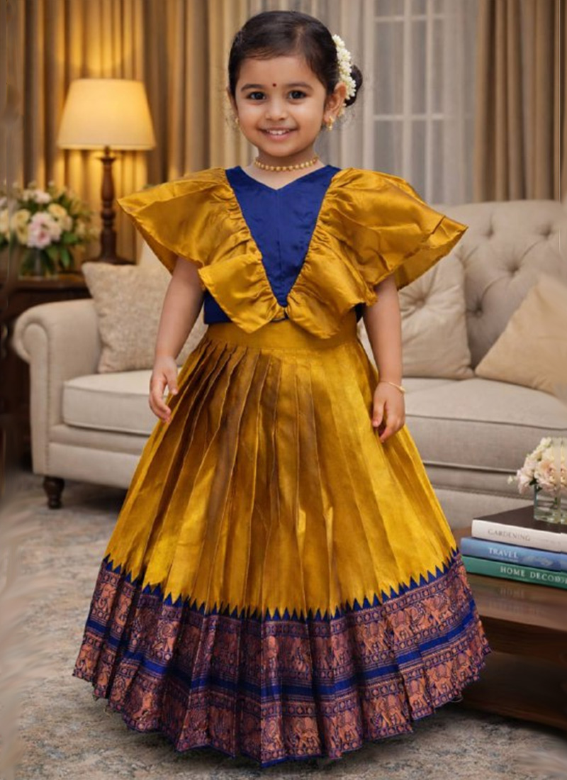 Graceful Mustard Lichi Silk Jacquard Work Kids Girls Indowestern Set Festive Wear