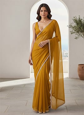 Graceful Mustard Organza Ready Lace Work Saree