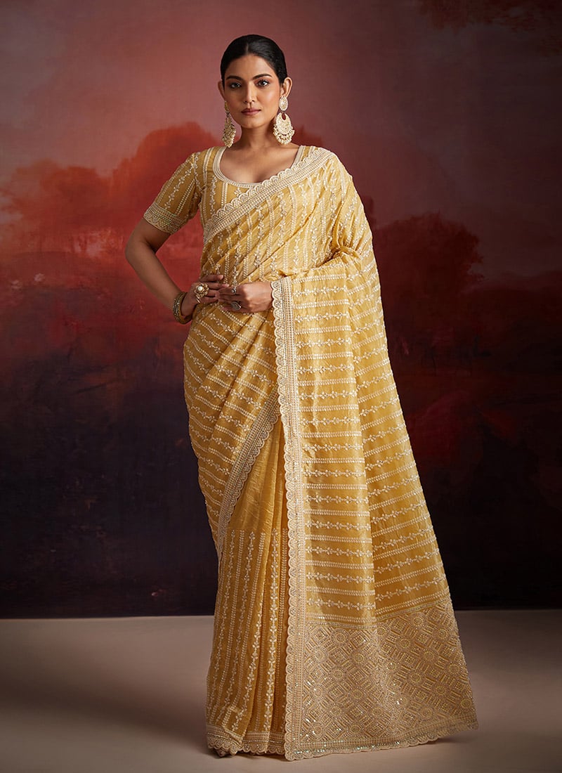 Graceful Mustard Organza Zarkan Thread Work Embroidered Sequins Saree Wedding Wear