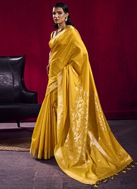 Graceful Mustard Satin Linen Silk Handloom Zari Weaving Saree