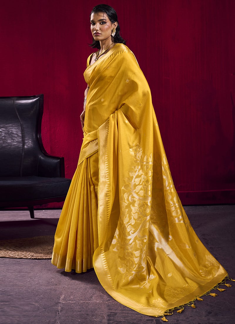 Graceful Mustard Satin Linen Silk Handloom Zari Weaving Saree Festive Wear