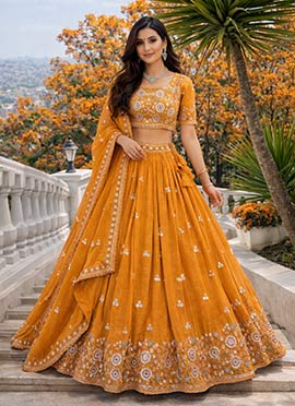 Graceful Mustard Silk Embroidered Beads Umbrella Lehenga