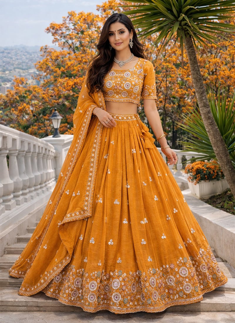 Graceful Mustard Silk Embroidered Beads Umbrella Lehenga Wedding Wear