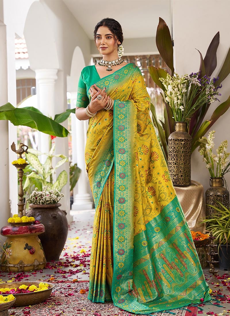 Graceful Mustard Soft Silk Jacquard Zari Woven Saree Festive Wear