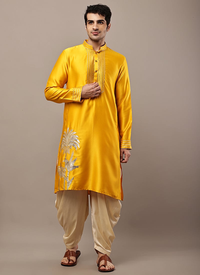Graceful Mustard Viscose Silk Embroidered Thread Kurta Pyjama Festive Wear