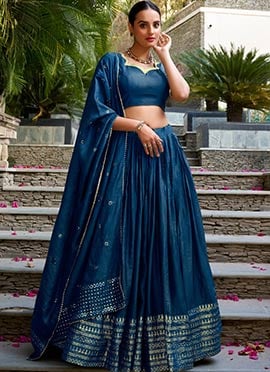 Graceful Navy Blue Chanderi Silk Zari Umbrella Lehenga