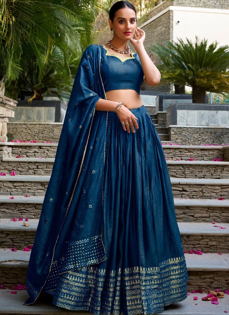 Graceful Navy Blue Chanderi Silk Zari Umbrella Lehenga Festive Wear