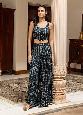 Graceful Navy Blue Cotton Printed Indowestern Sets and Suits