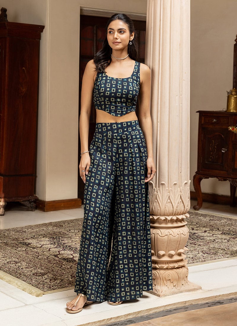 Graceful Navy Blue Cotton Printed Indowestern Sets and Suits After Six Wear