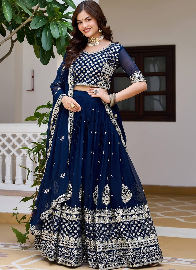 Graceful Navy Blue Georgette Embroidered Sequins Umbrella Lehenga After Six Wear