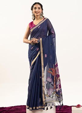 Graceful Navy Blue Muga Cotton Zari Printed Woven Saree