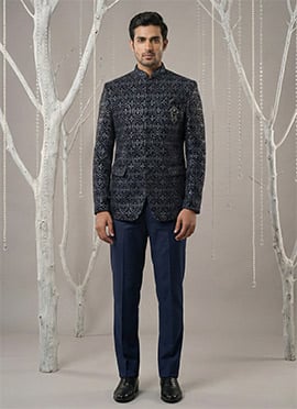 Graceful Navy Blue Velvet Embroidered Thread Bandhgala Suit